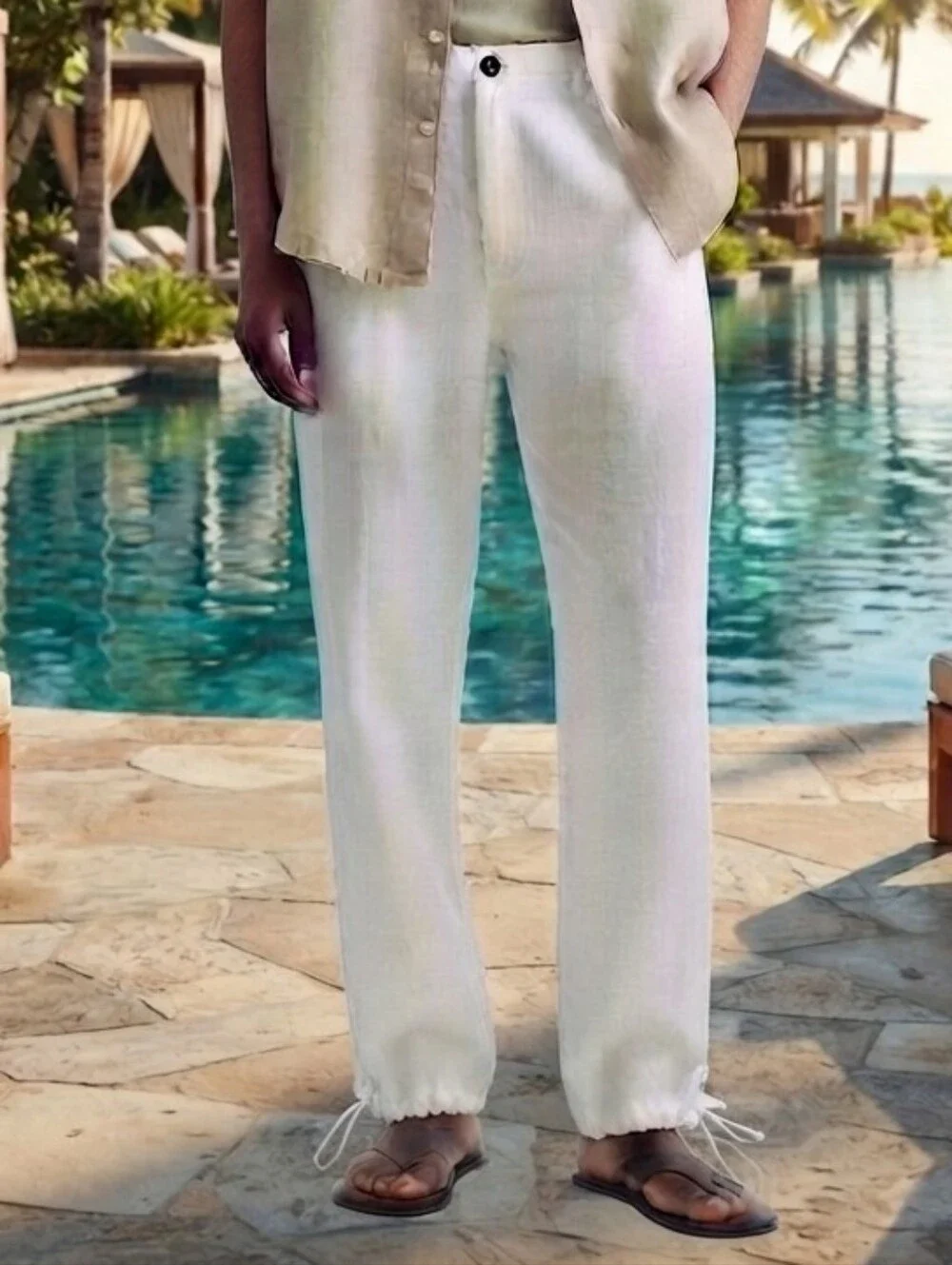 H&M Men's Drawstring Linen/Cotton Lightweight Pants Button Fly size 36 White